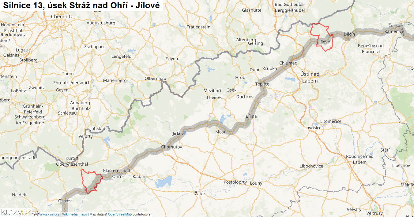 Úsek Stráž nad Ohří - Jílové, Silnice 13 - Mapa