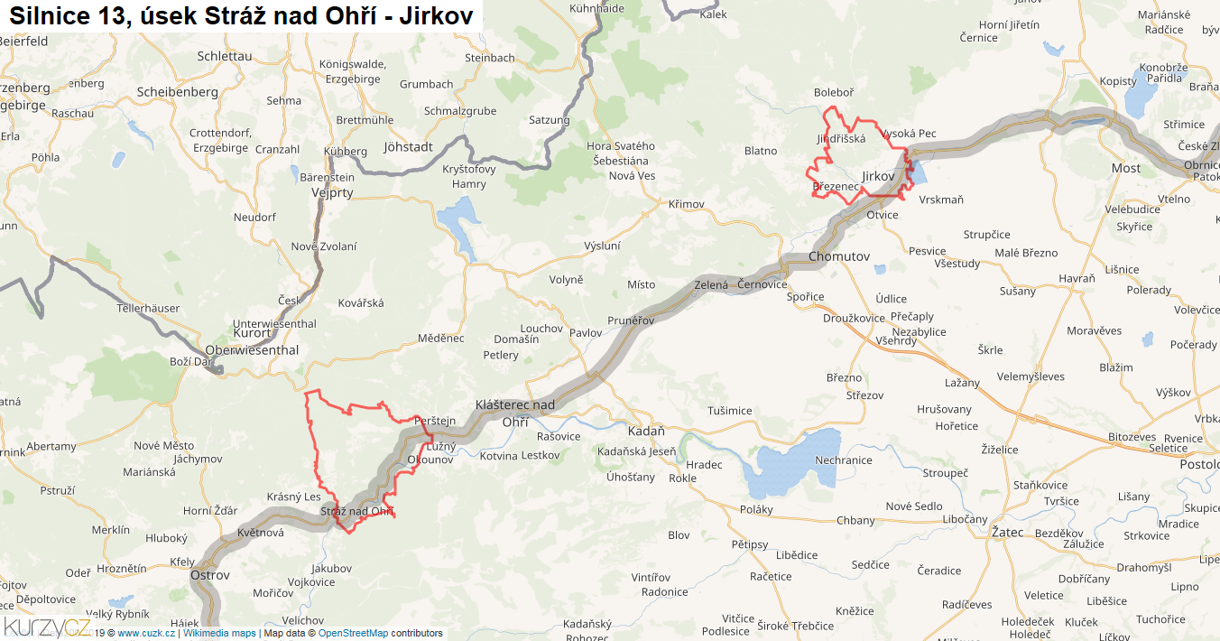 Úsek Stráž nad Ohří - Jirkov, Silnice 13 - Mapa