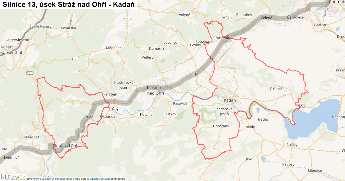 Úsek Stráž nad Ohří - Kadaň, Silnice 13 - Mapa