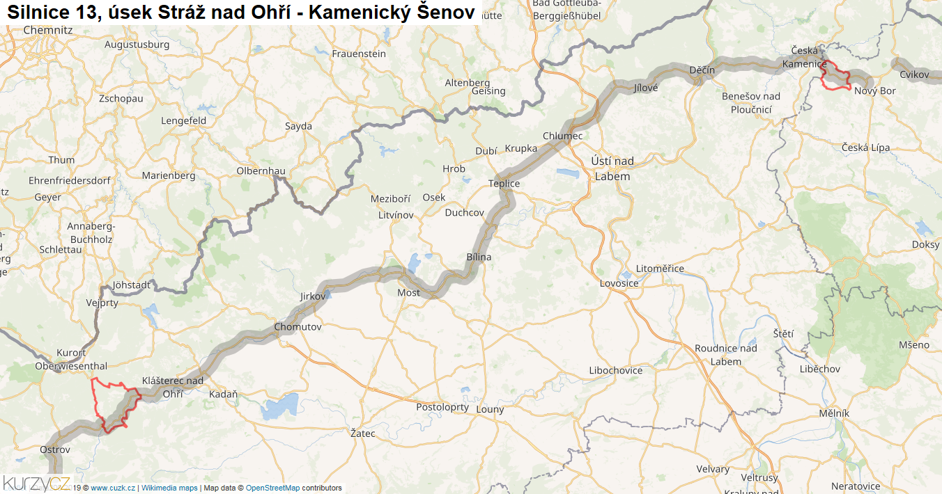 Úsek Stráž nad Ohří - Kamenický Šenov, Silnice 13 - Mapa