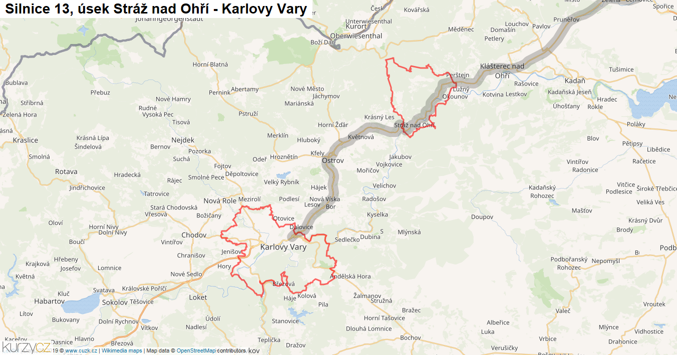 Úsek Stráž nad Ohří - Karlovy Vary, Silnice 13 - Mapa