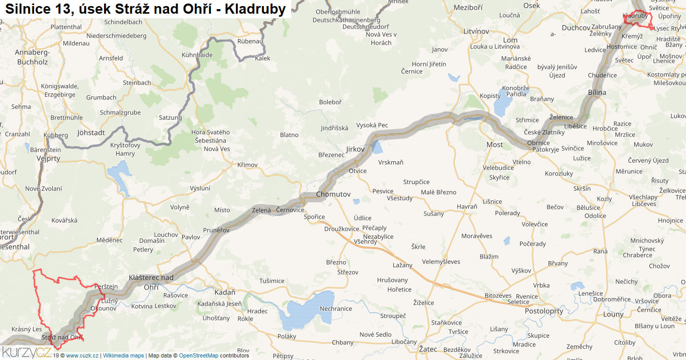 Úsek Stráž nad Ohří - Kladruby, Silnice 13 - Mapa