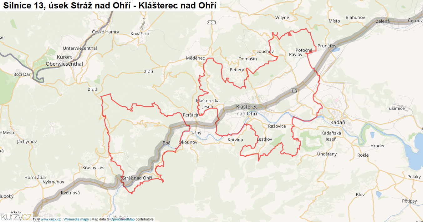 Úsek Stráž nad Ohří - Klášterec nad Ohří, Silnice 13 - Mapa