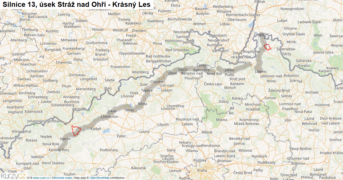 Úsek Stráž nad Ohří - Krásný Les, Silnice 13 - Mapa