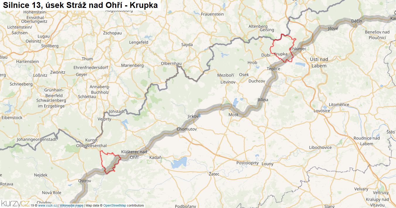 Úsek Stráž nad Ohří - Krupka, Silnice 13 - Mapa