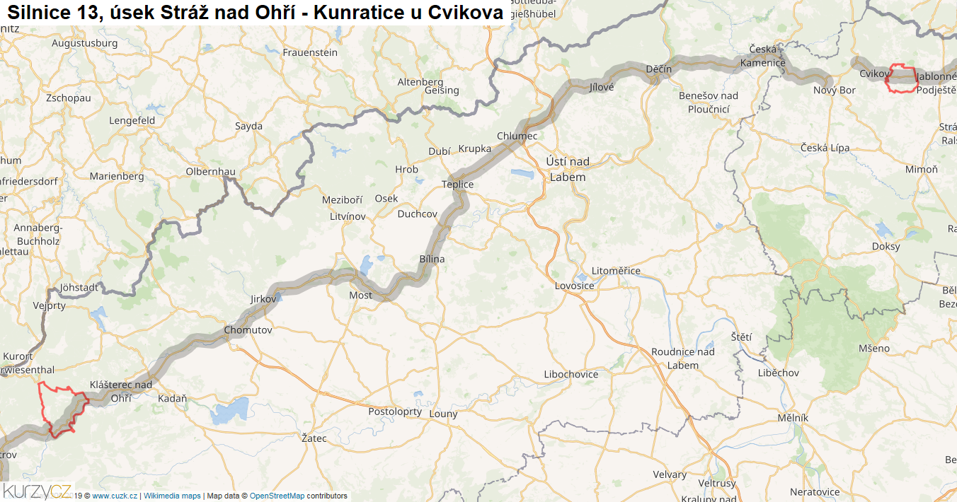 Úsek Stráž nad Ohří - Kunratice u Cvikova, Silnice 13 - Mapa