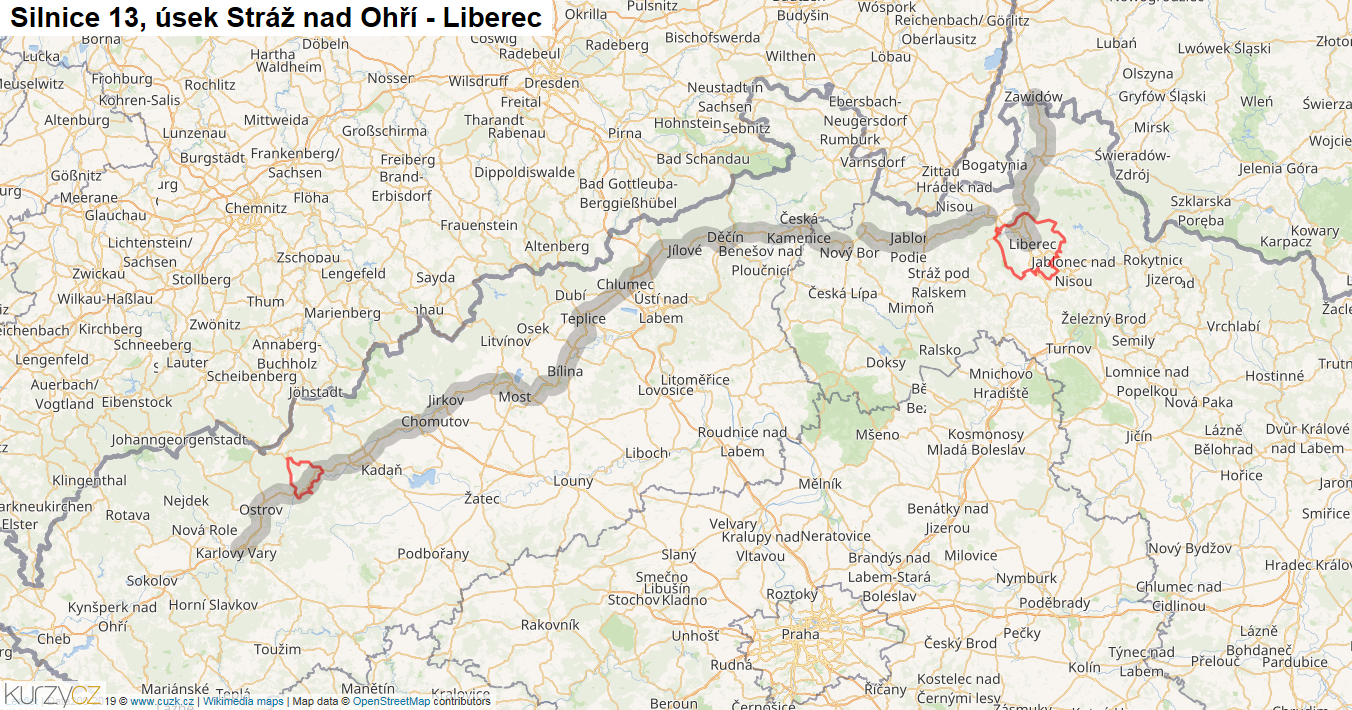 Úsek Stráž nad Ohří - Liberec, Silnice 13 - Mapa