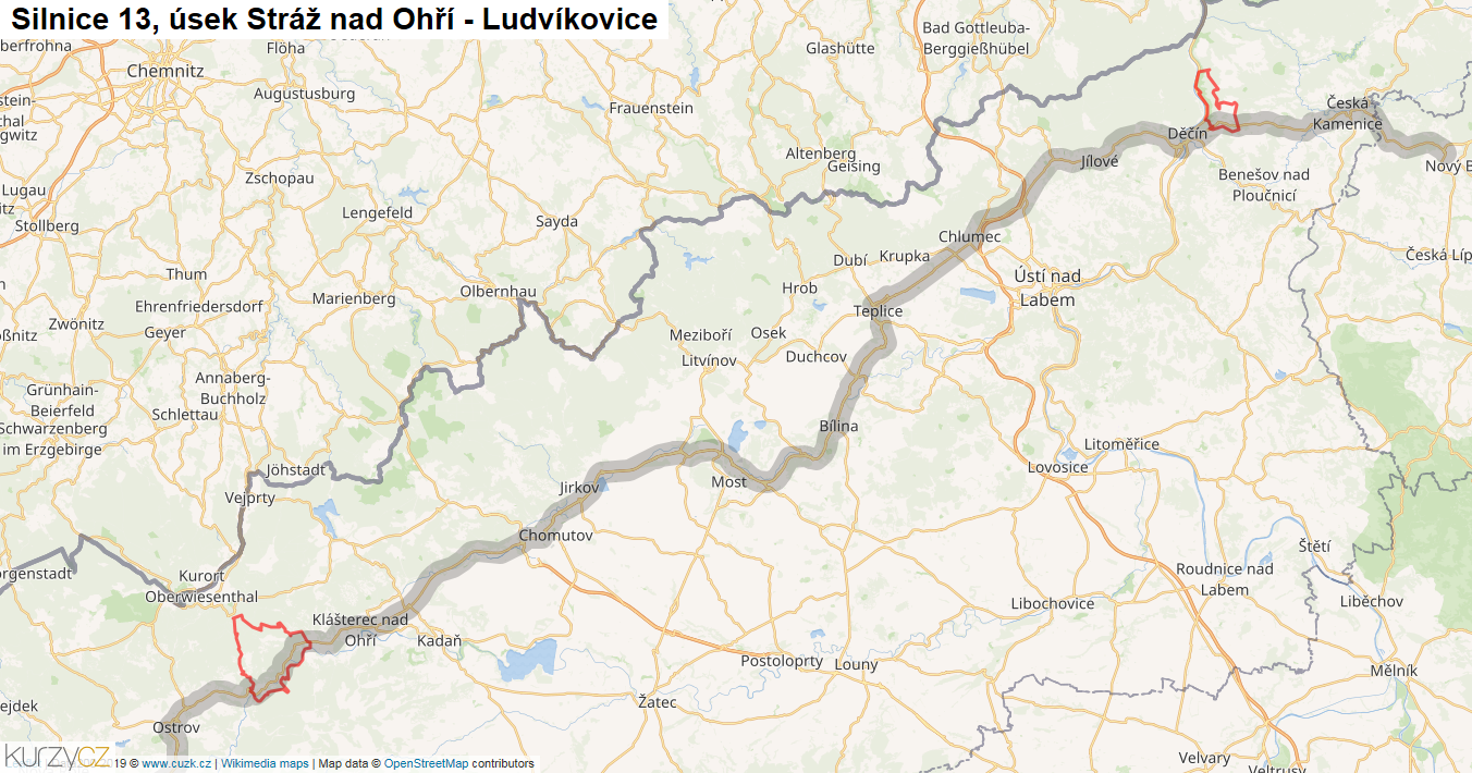 Úsek Stráž nad Ohří - Ludvíkovice, Silnice 13 - Mapa