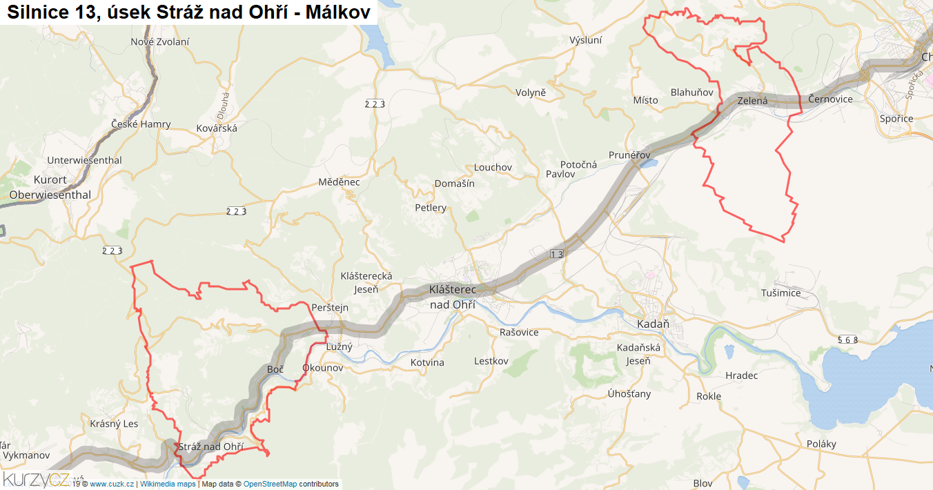 Úsek Stráž nad Ohří - Málkov, Silnice 13 - Mapa