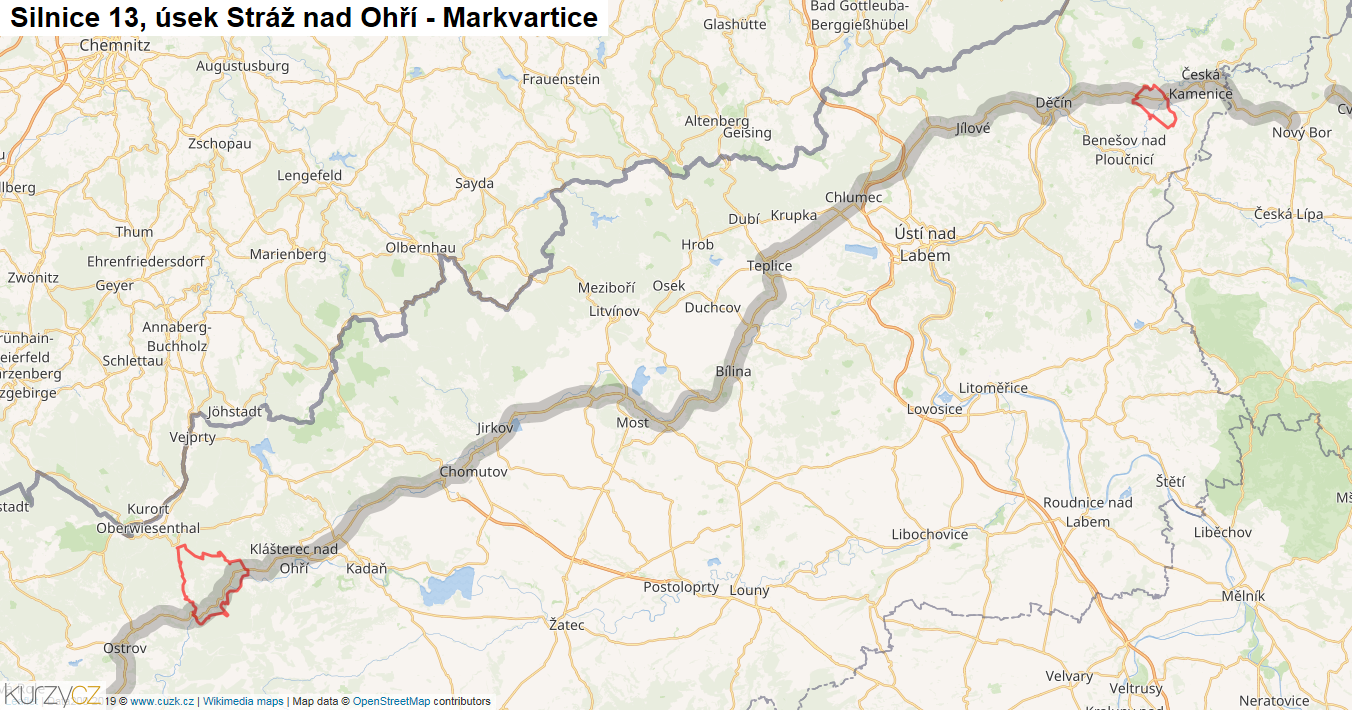 Úsek Stráž nad Ohří - Markvartice, Silnice 13 - Mapa
