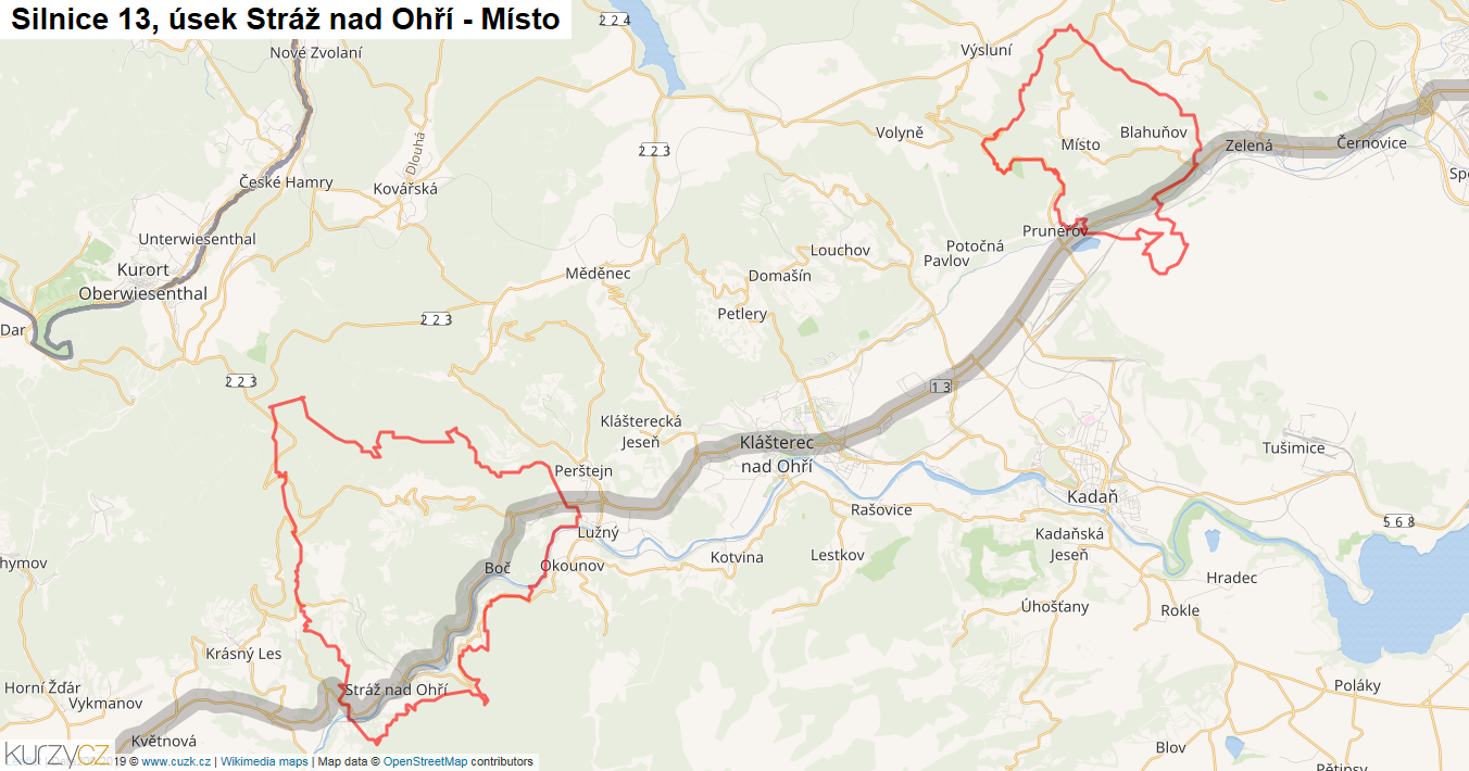 Úsek Stráž nad Ohří - Místo, Silnice 13 - Mapa