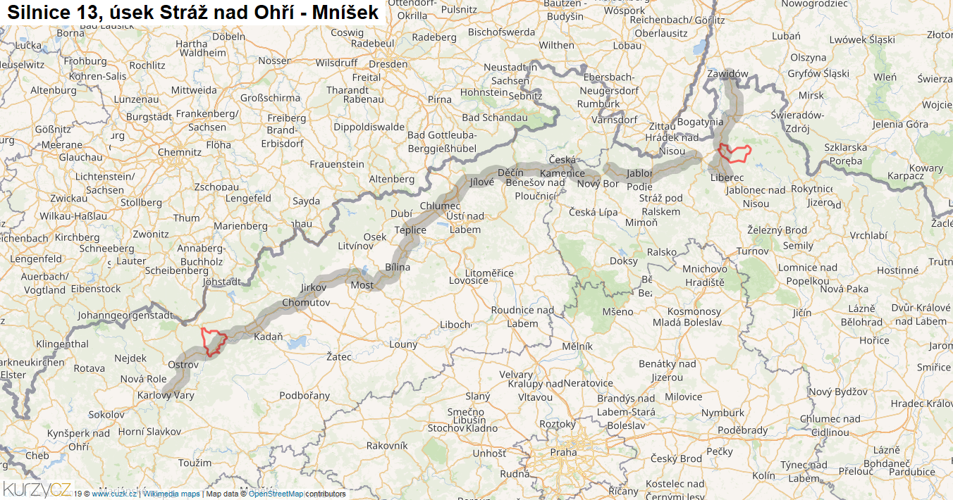 Úsek Stráž nad Ohří - Mníšek, Silnice 13 - Mapa