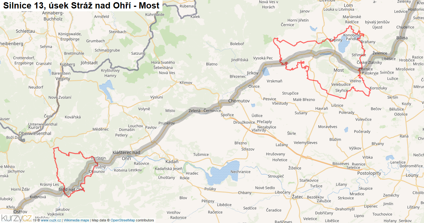 Úsek Stráž nad Ohří - Most, Silnice 13 - Mapa