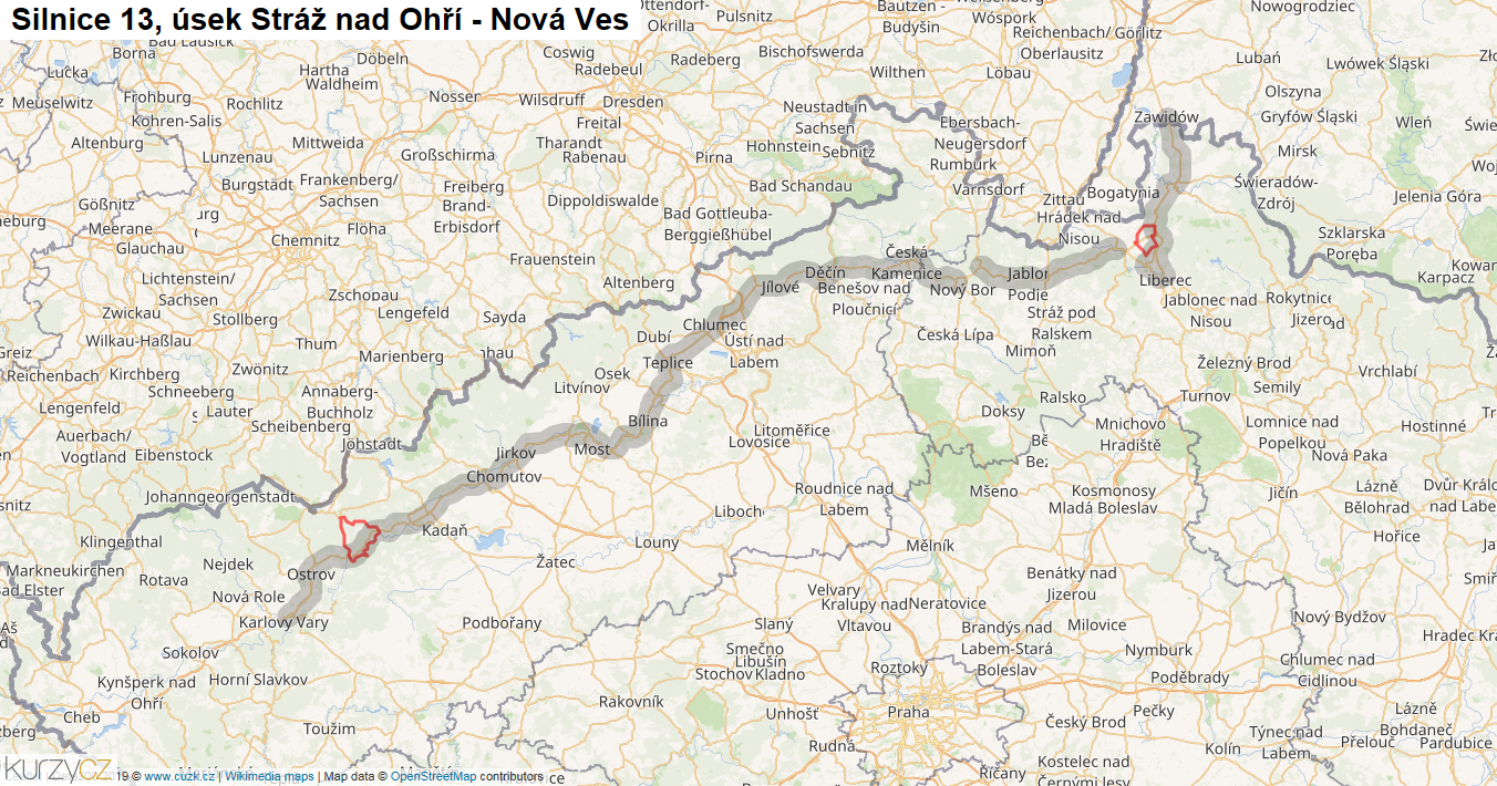 Úsek Stráž nad Ohří - Nová Ves, Silnice 13 - Mapa