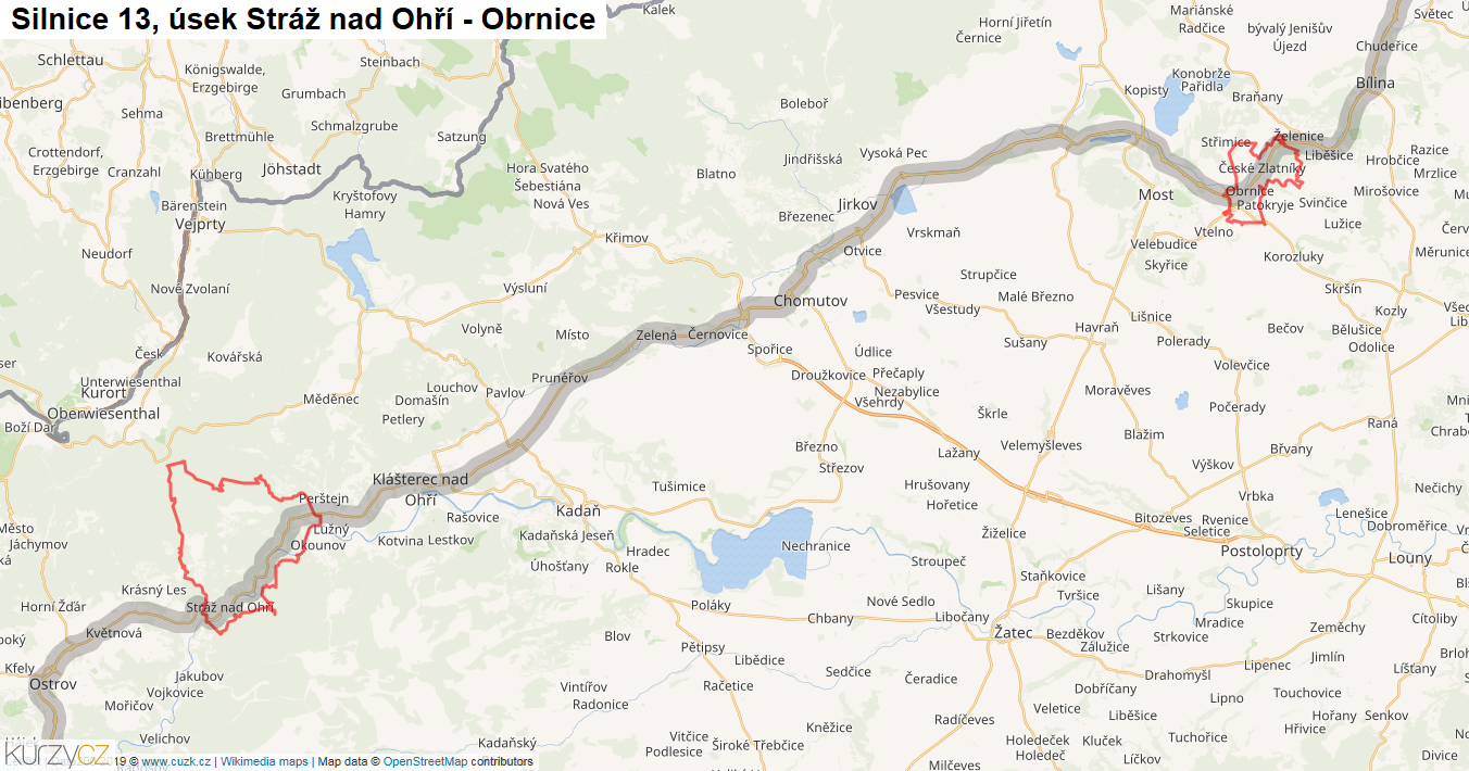 Úsek Stráž nad Ohří - Obrnice, Silnice 13 - Mapa