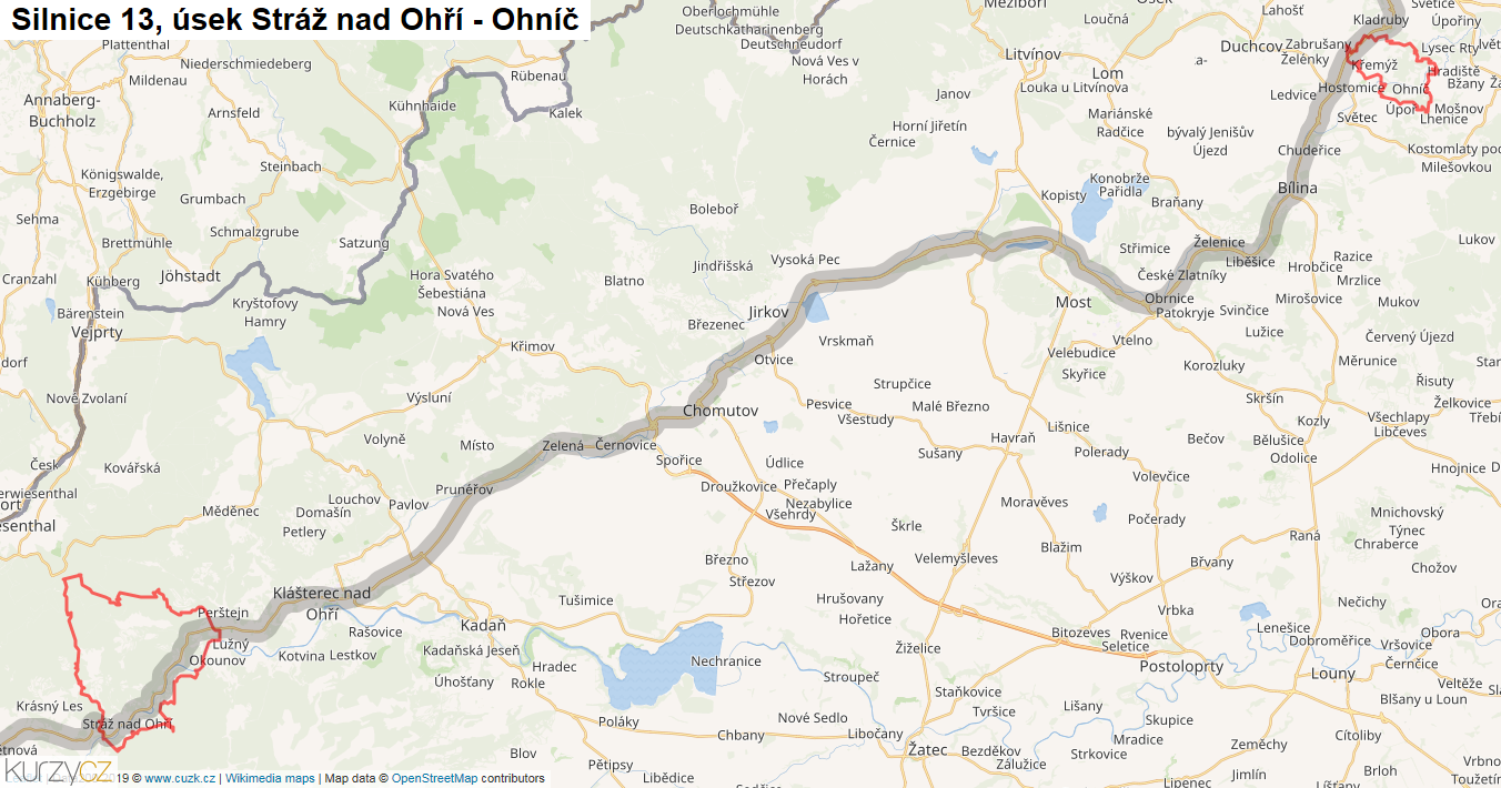 Úsek Stráž nad Ohří - Ohníč, Silnice 13 - Mapa