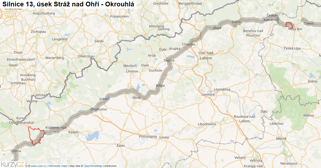 Úsek Stráž nad Ohří - Okrouhlá, Silnice 13 - Mapa