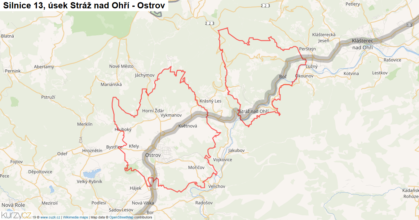 Úsek Stráž nad Ohří - Ostrov, Silnice 13 - Mapa