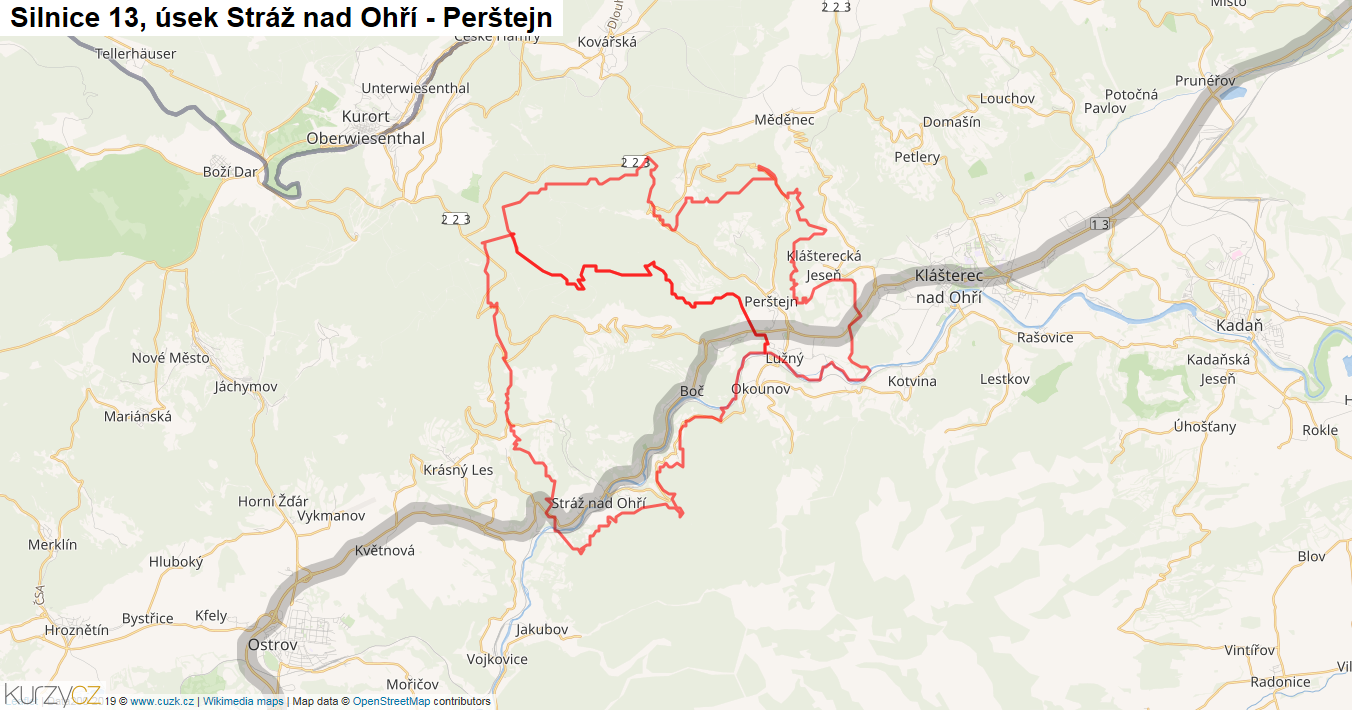 Úsek Stráž nad Ohří - Perštejn, Silnice 13 - Mapa