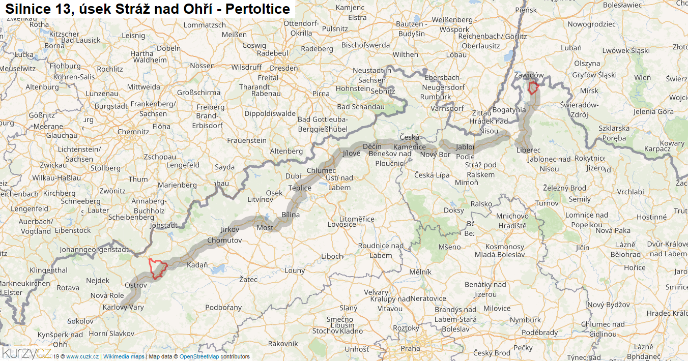 Úsek Stráž nad Ohří - Pertoltice, Silnice 13 - Mapa