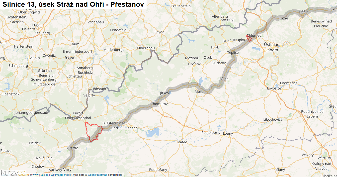 Úsek Stráž nad Ohří - Přestanov, Silnice 13 - Mapa