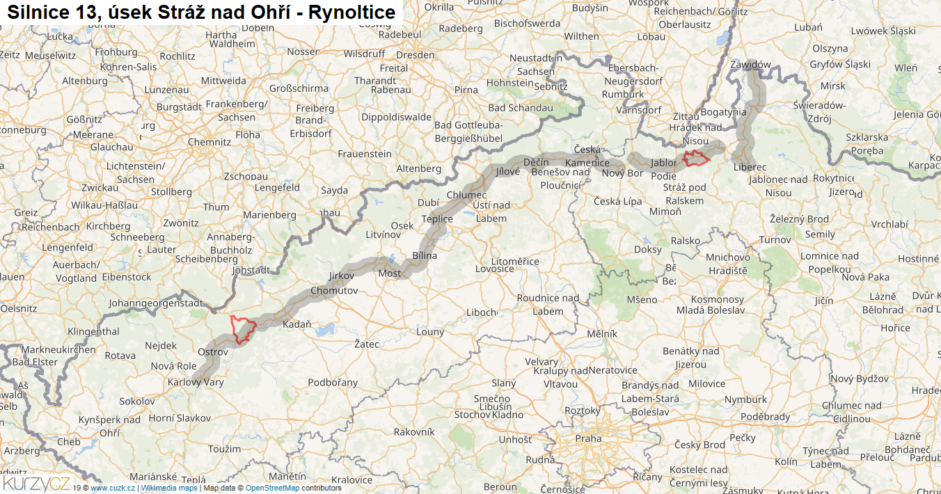 Úsek Stráž nad Ohří - Rynoltice, Silnice 13 - Mapa