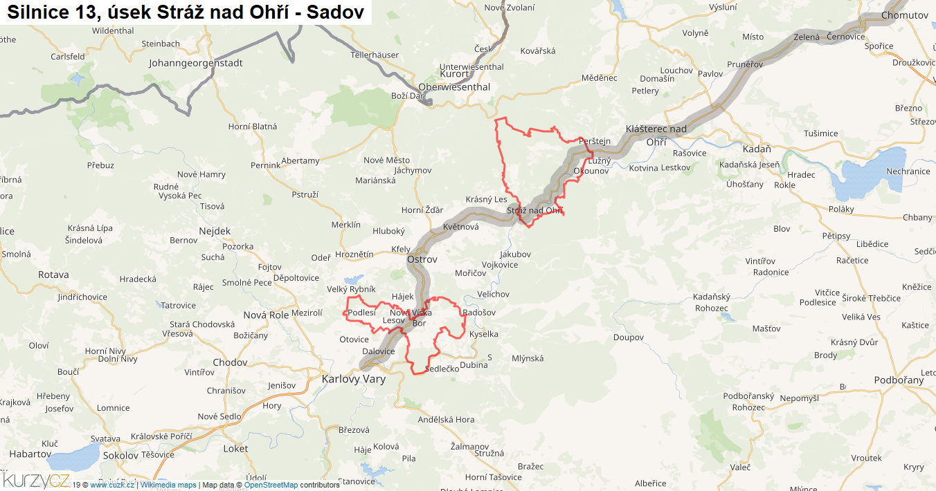 Úsek Stráž nad Ohří - Sadov, Silnice 13 - Mapa