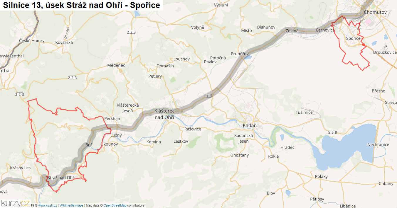 Úsek Stráž nad Ohří - Spořice, Silnice 13 - Mapa