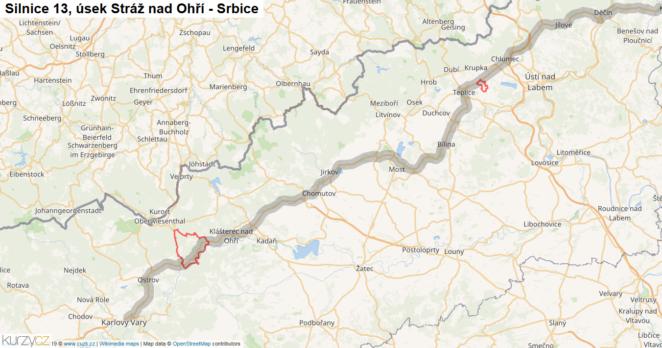 Úsek Stráž nad Ohří - Srbice, Silnice 13 - Mapa