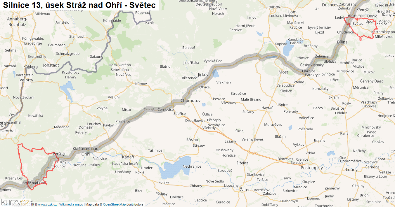 Úsek Stráž nad Ohří - Světec, Silnice 13 - Mapa