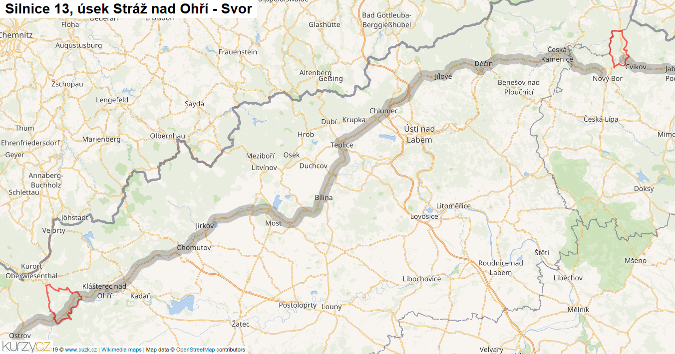 Úsek Stráž nad Ohří - Svor, Silnice 13 - Mapa