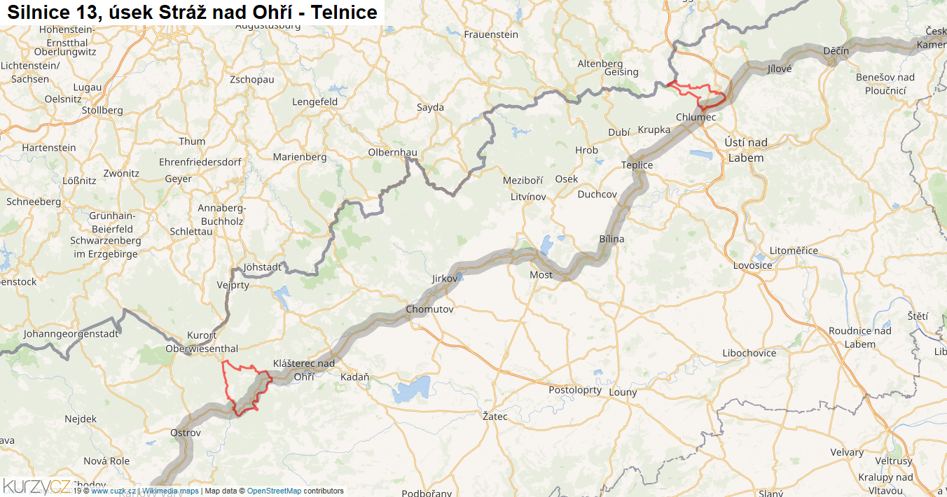 Úsek Stráž nad Ohří - Telnice, Silnice 13 - Mapa