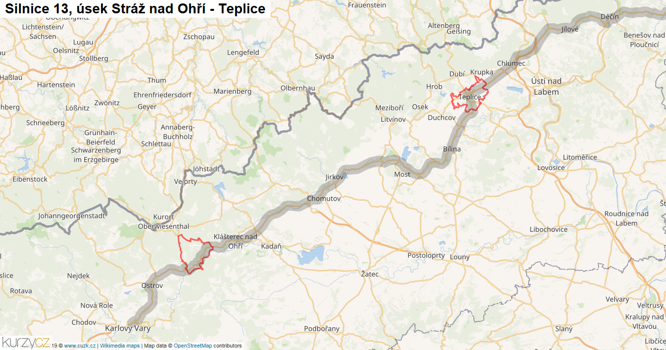 Úsek Stráž nad Ohří - Teplice, Silnice 13 - Mapa