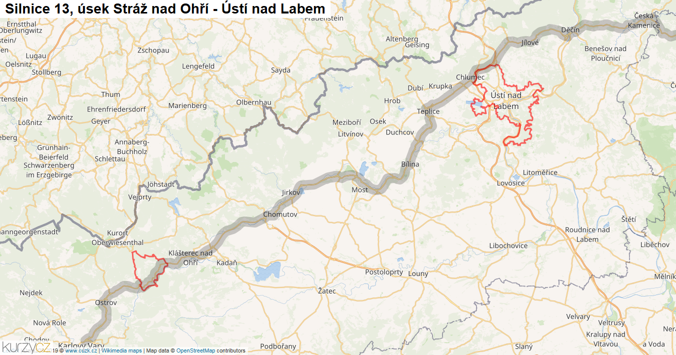 Úsek Stráž nad Ohří - Ústí nad Labem, Silnice 13 - Mapa