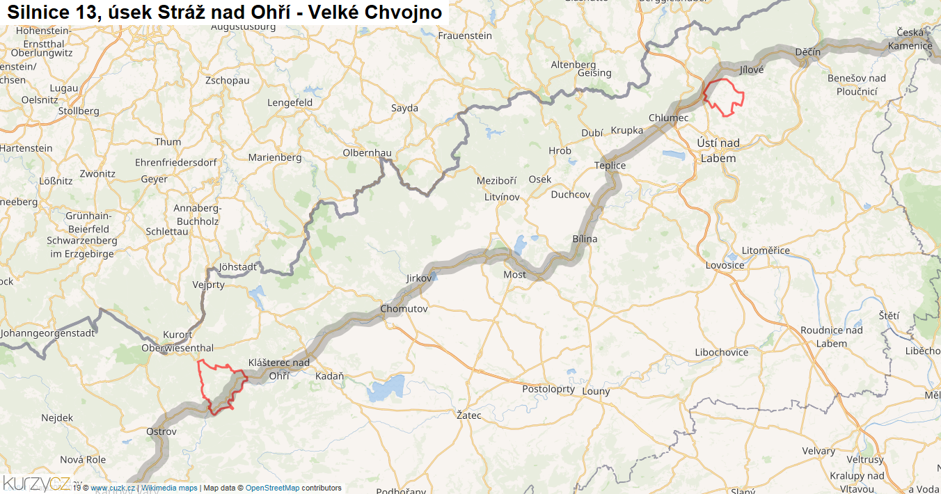 Úsek Stráž nad Ohří - Velké Chvojno, Silnice 13 - Mapa