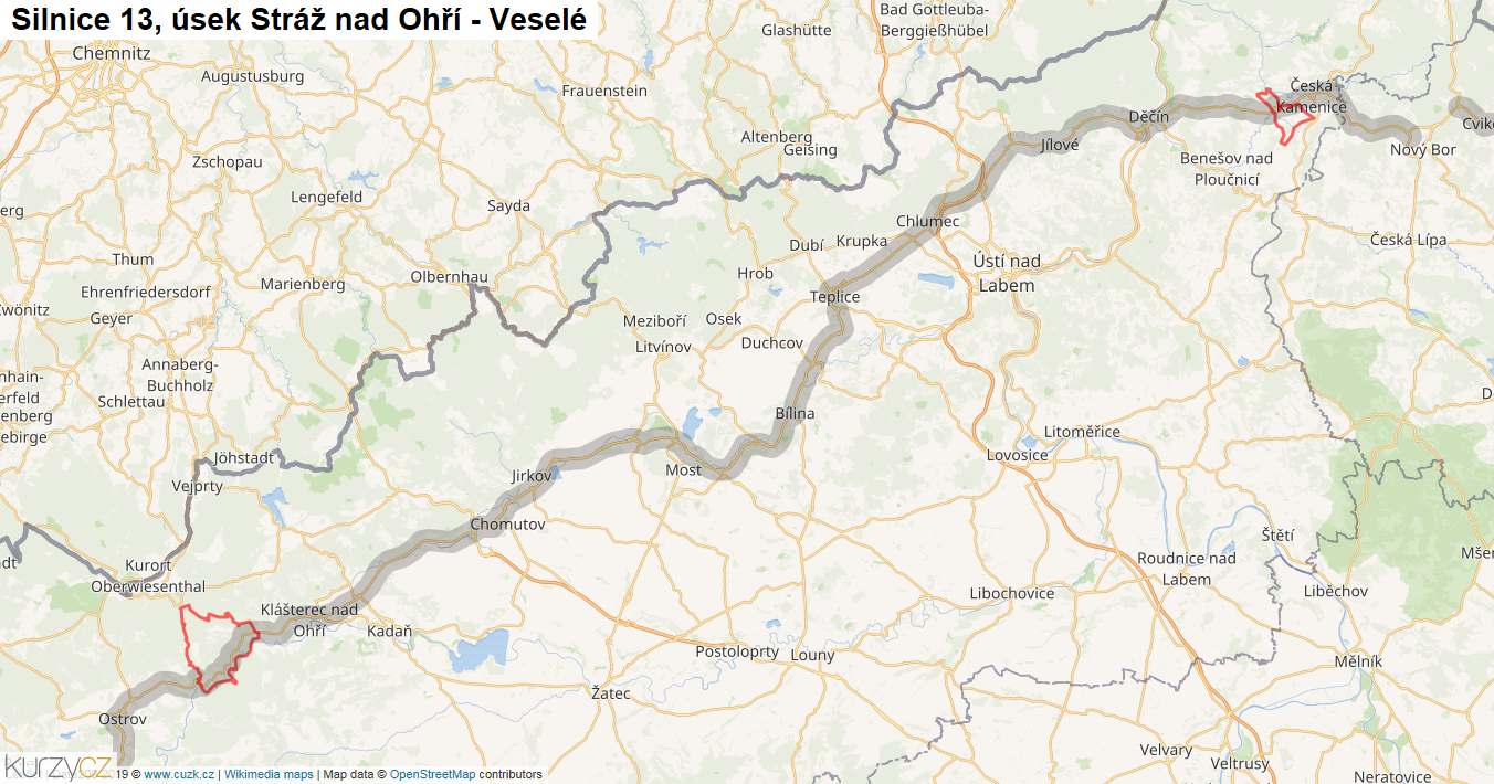 Úsek Stráž nad Ohří - Veselé, Silnice 13 - Mapa