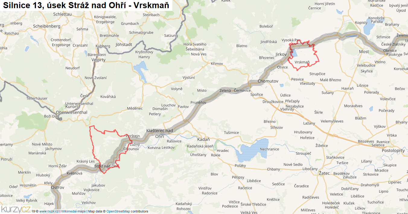 Úsek Stráž nad Ohří - Vrskmaň, Silnice 13 - Mapa