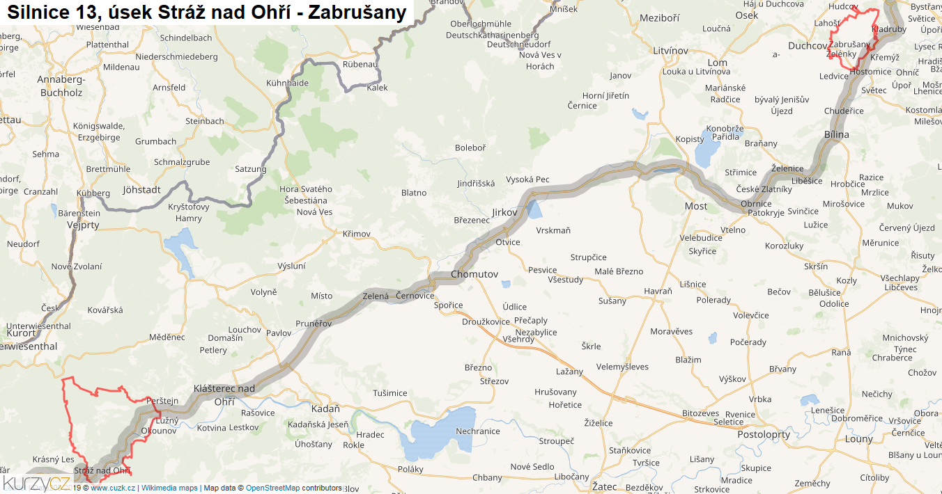 Úsek Stráž nad Ohří - Zabrušany, Silnice 13 - Mapa