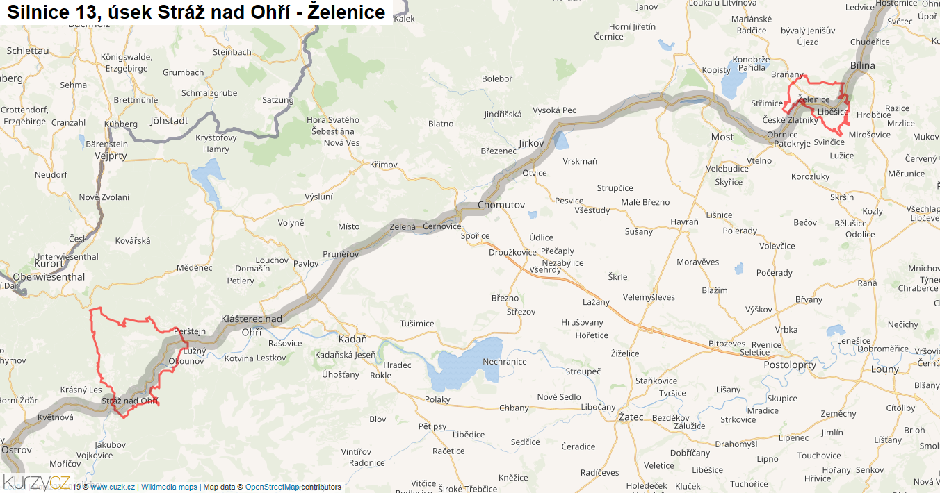Úsek Stráž nad Ohří - Želenice, Silnice 13 - Mapa