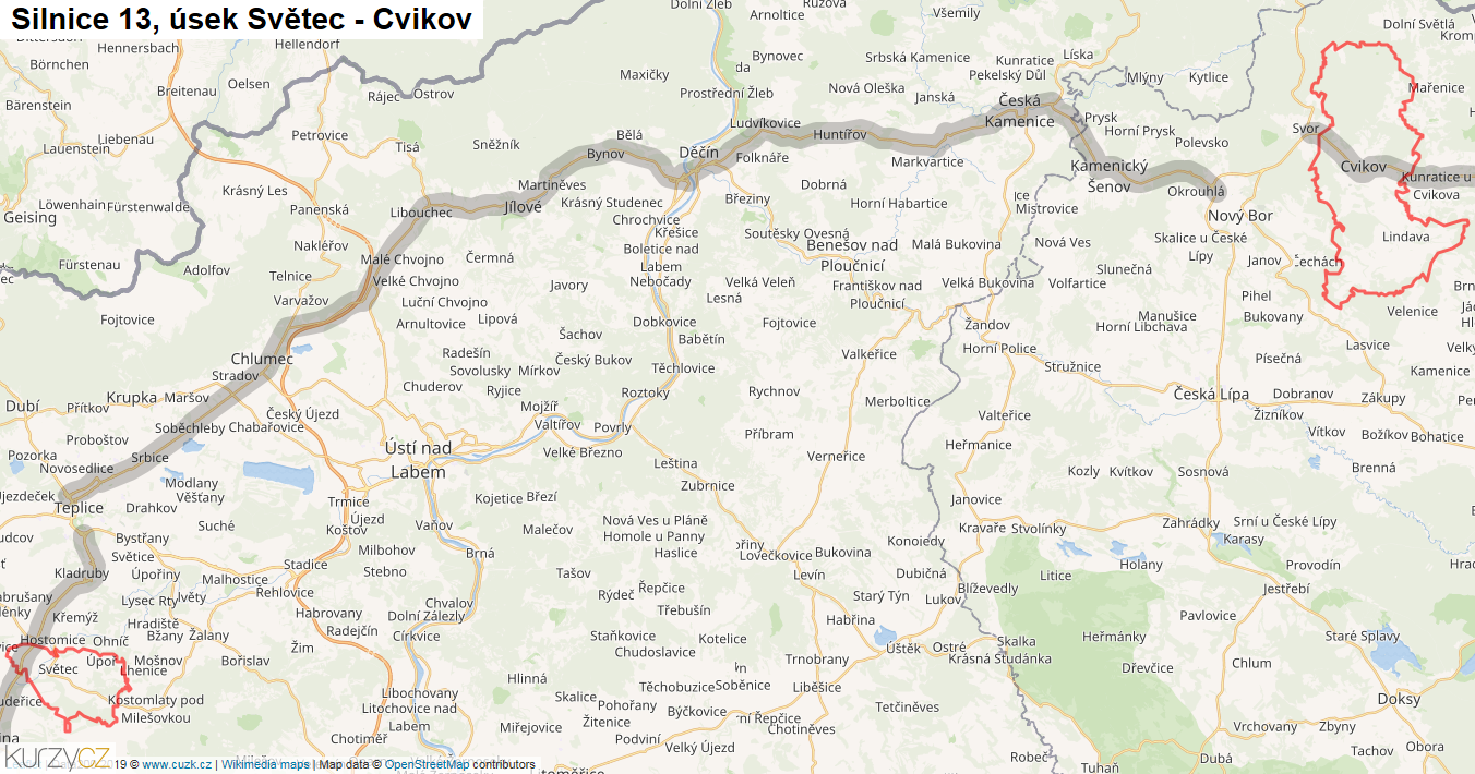 Úsek Světec - Cvikov, Silnice 13 - Mapa