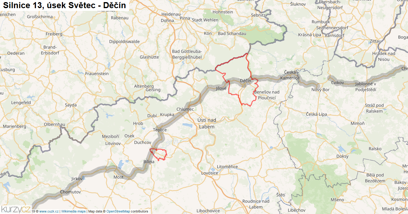 Úsek Světec - Děčín, Silnice 13 - Mapa