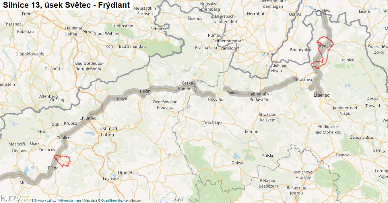 Úsek Světec - Frýdlant, Silnice 13 - Mapa