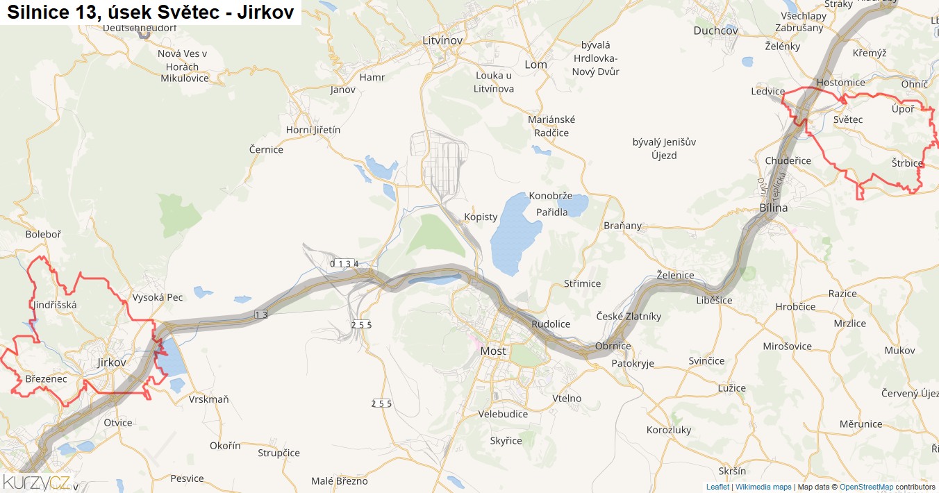 Úsek Světec - Jirkov, Silnice 13 - Mapa