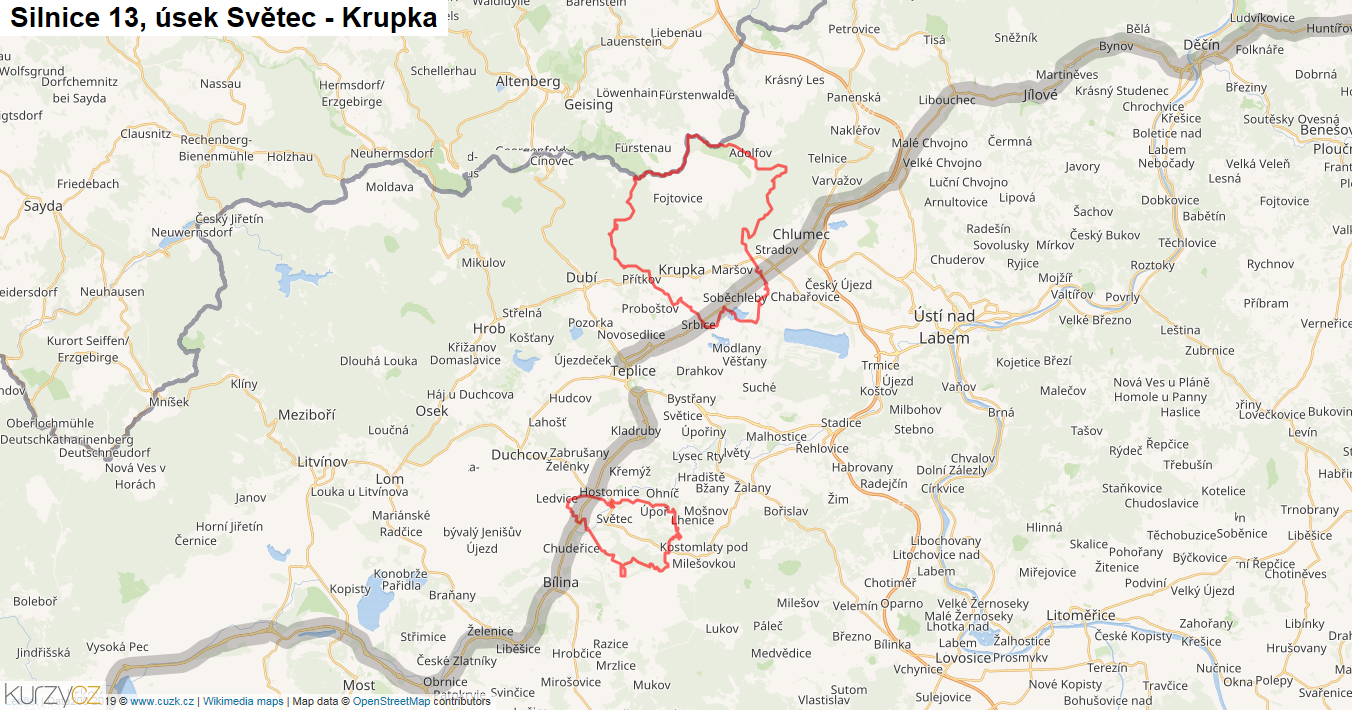 Úsek Světec - Krupka, Silnice 13 - Mapa