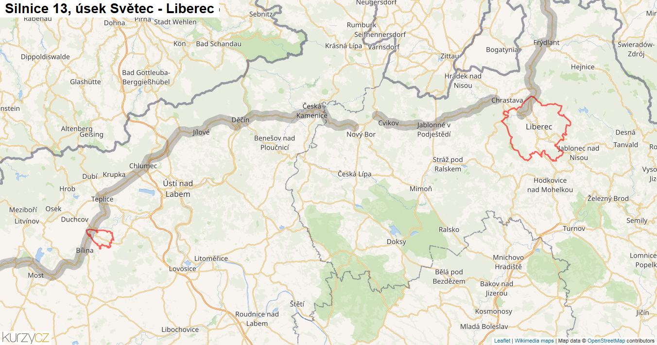Úsek Světec - Liberec, Silnice 13 - Mapa