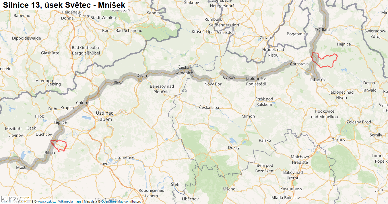 Úsek Světec - Mníšek, Silnice 13 - Mapa