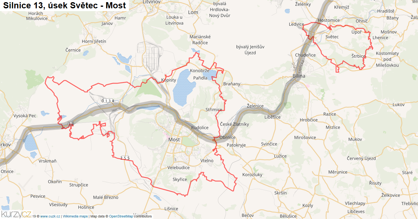 Úsek Světec - Most, Silnice 13 - Mapa