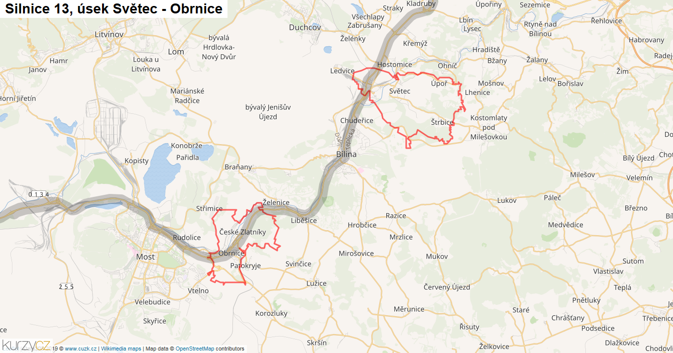 Úsek Světec - Obrnice, Silnice 13 - Mapa