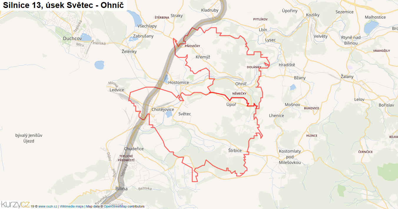 Úsek Světec - Ohníč, Silnice 13 - Mapa