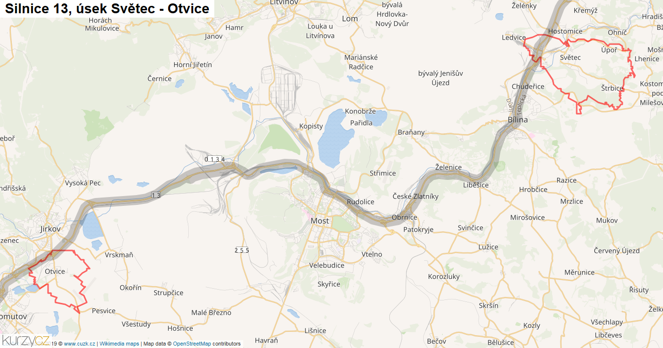 Úsek Světec - Otvice, Silnice 13 - Mapa